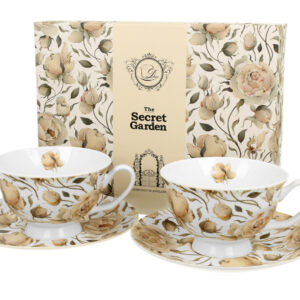 זוג ספלים ותחתיות יוקרתי ENGLISH ROSES WHITE